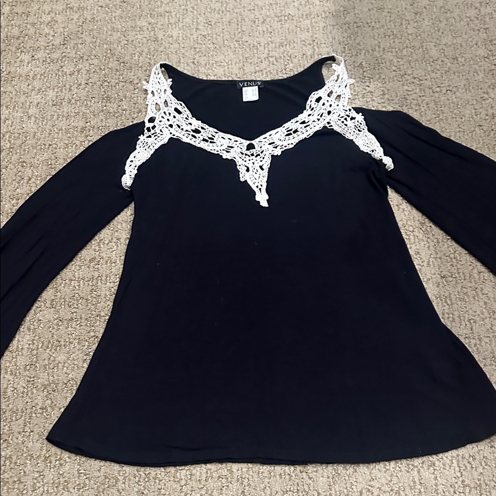 VENUS Black Top with White Lace Accent